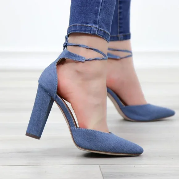 Denim Pointy Toe Block Lace-Up High Heel Pumps - Picture 7 of 12